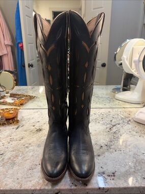 Ariat Black Leather Over-the-Knee Western Boots with Tan Cutouts